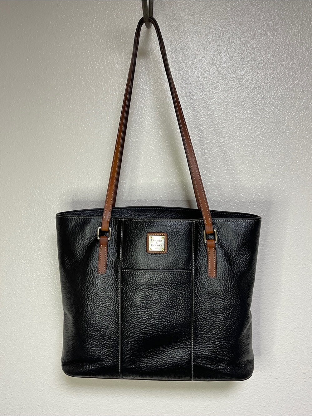 Dooney & Bourke Black Leather Tote with Brown Straps